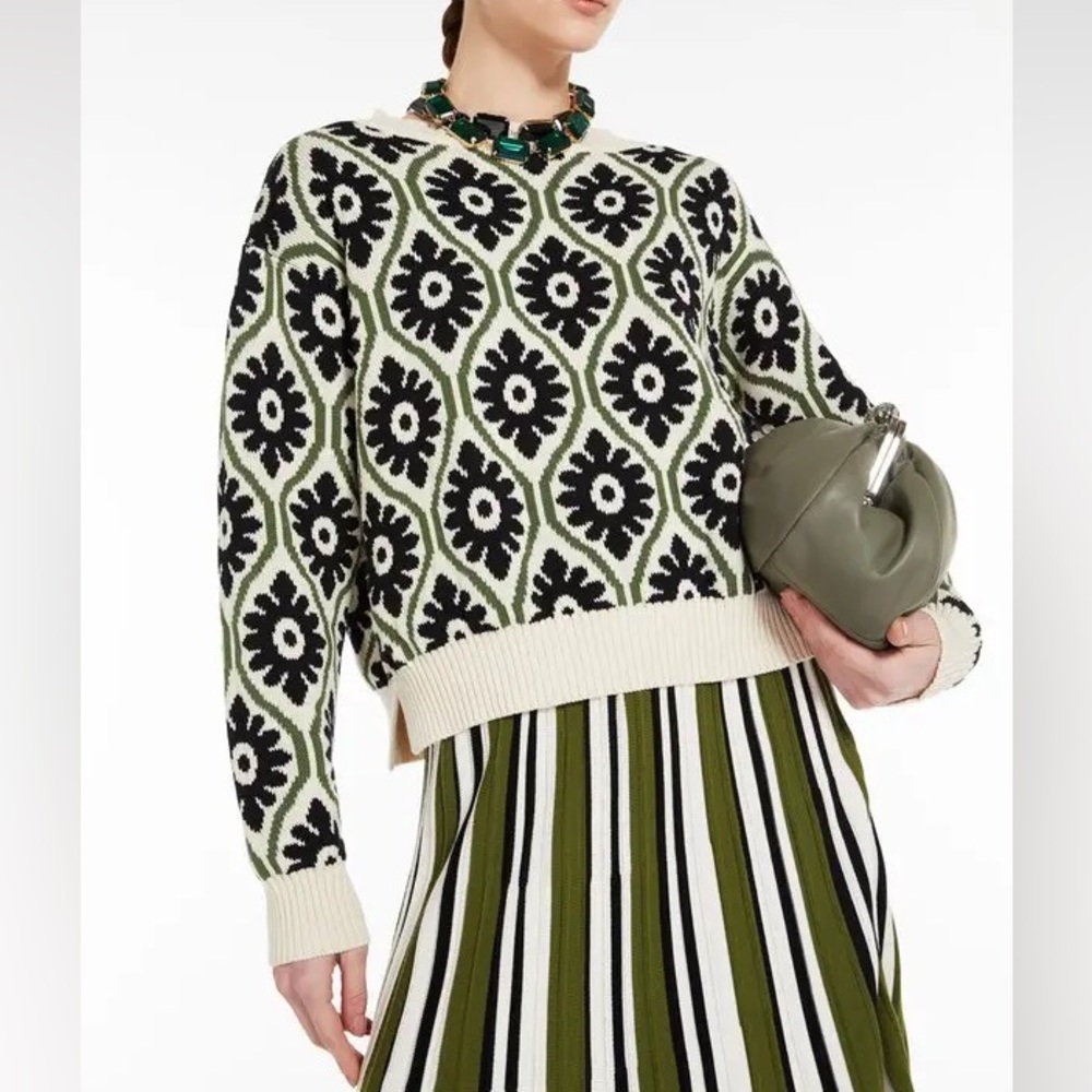 Max Mara Weekend Tavola Floral Jacquard Cotton Blend Sweater Green Cream Size S